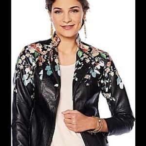 Colleen Lopez Black Floral Leather Jacket embroidered